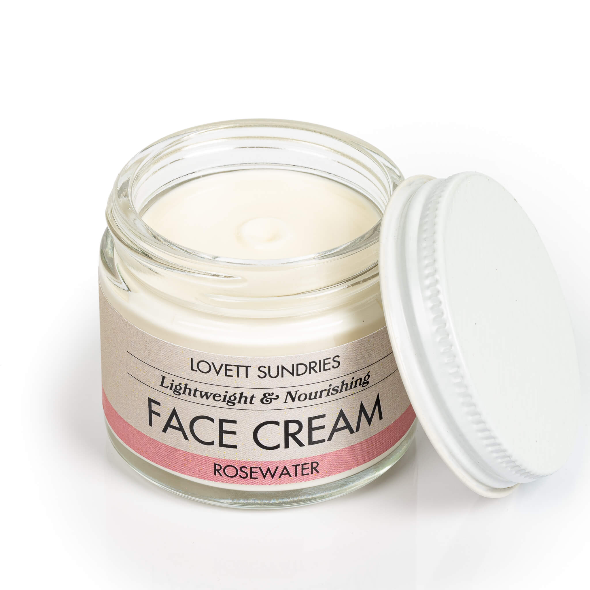 All natural creamy lightweight and nourishing Rosewater Face Cream in a glass jar.