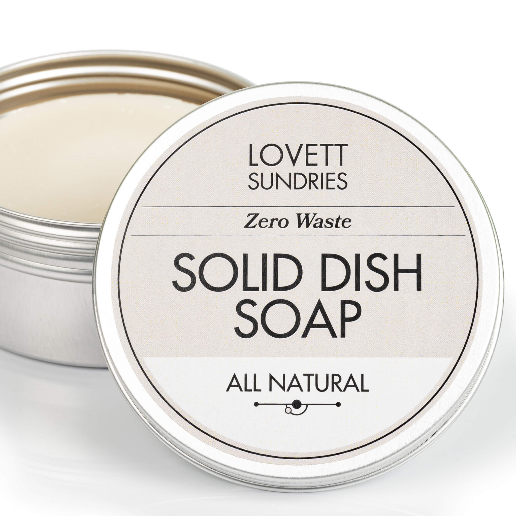 All natural zero waste solid dish soap in a recyclable aluminum tin. 