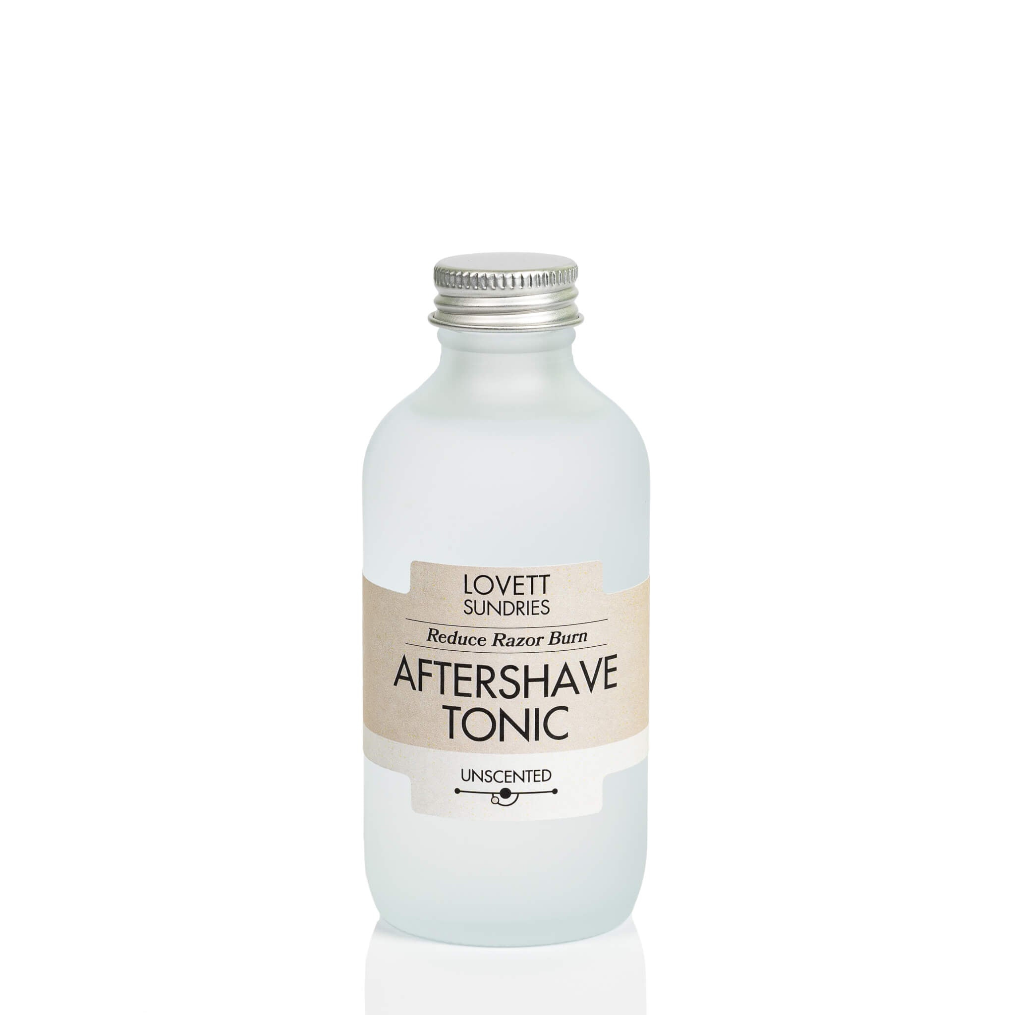 All natural unscented aftershave tonic in a frosted glass bottle.