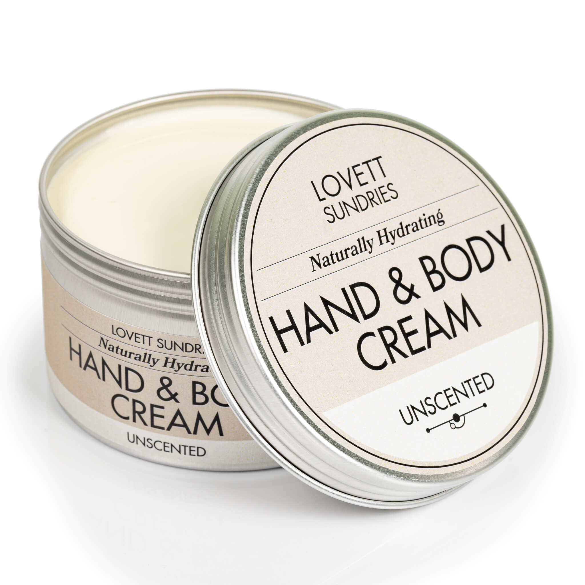 Open tin of creamy all natural hydrating unscented hand and body cream. 