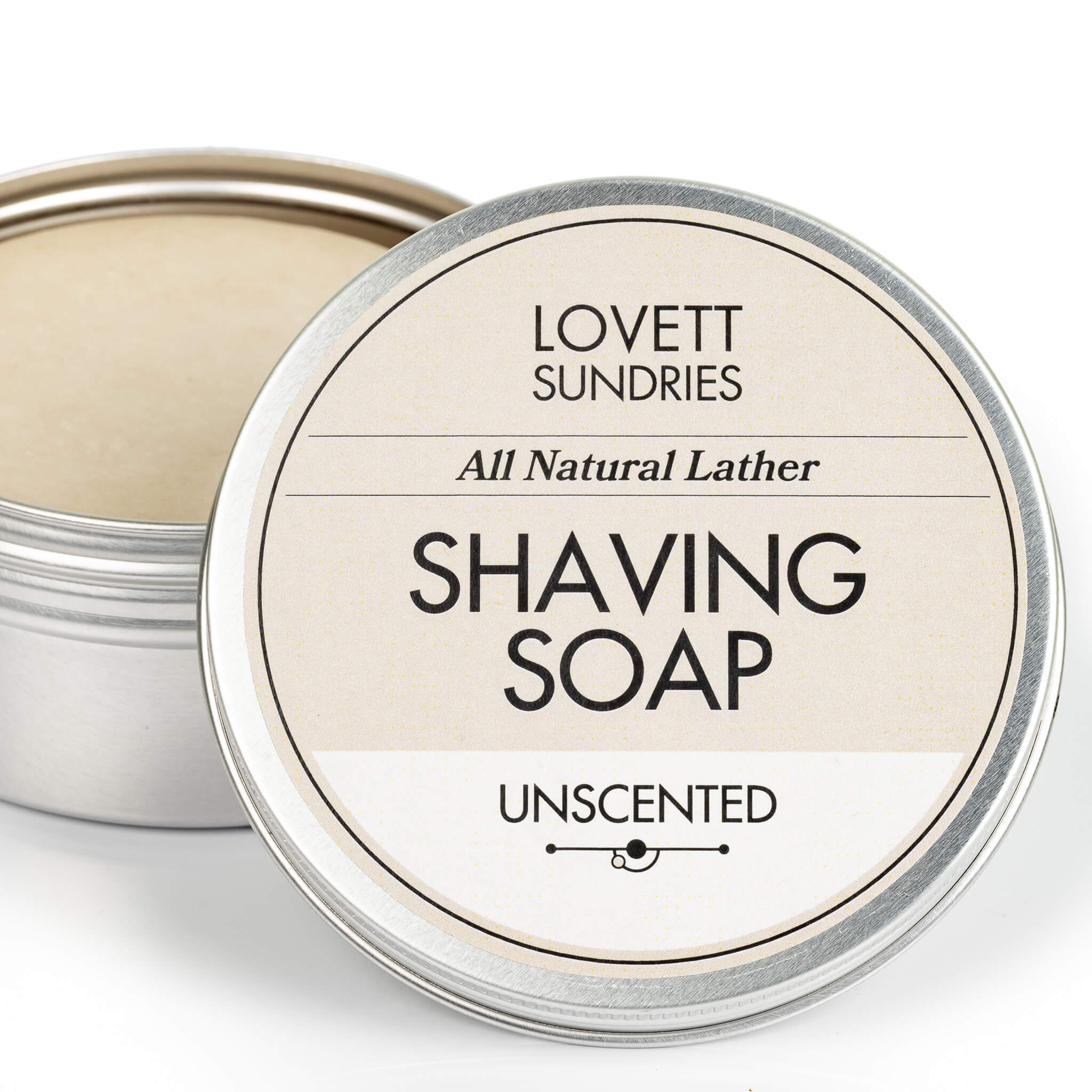 All natural good lathering unscented shaving soapscented shaving soap in a recyclable aluminum tin.