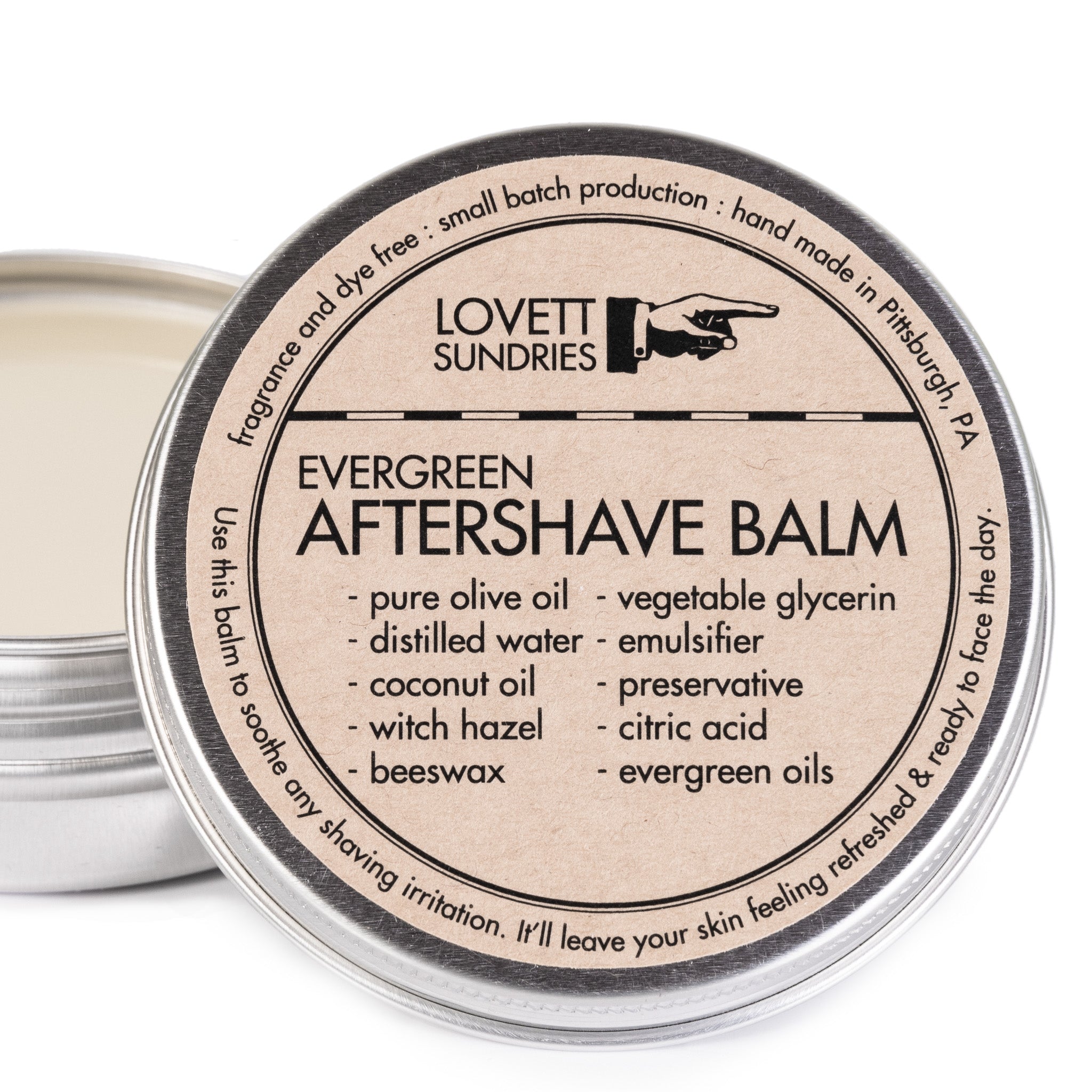 all-natural Lovett Sundries' evergreen aftershave balm.