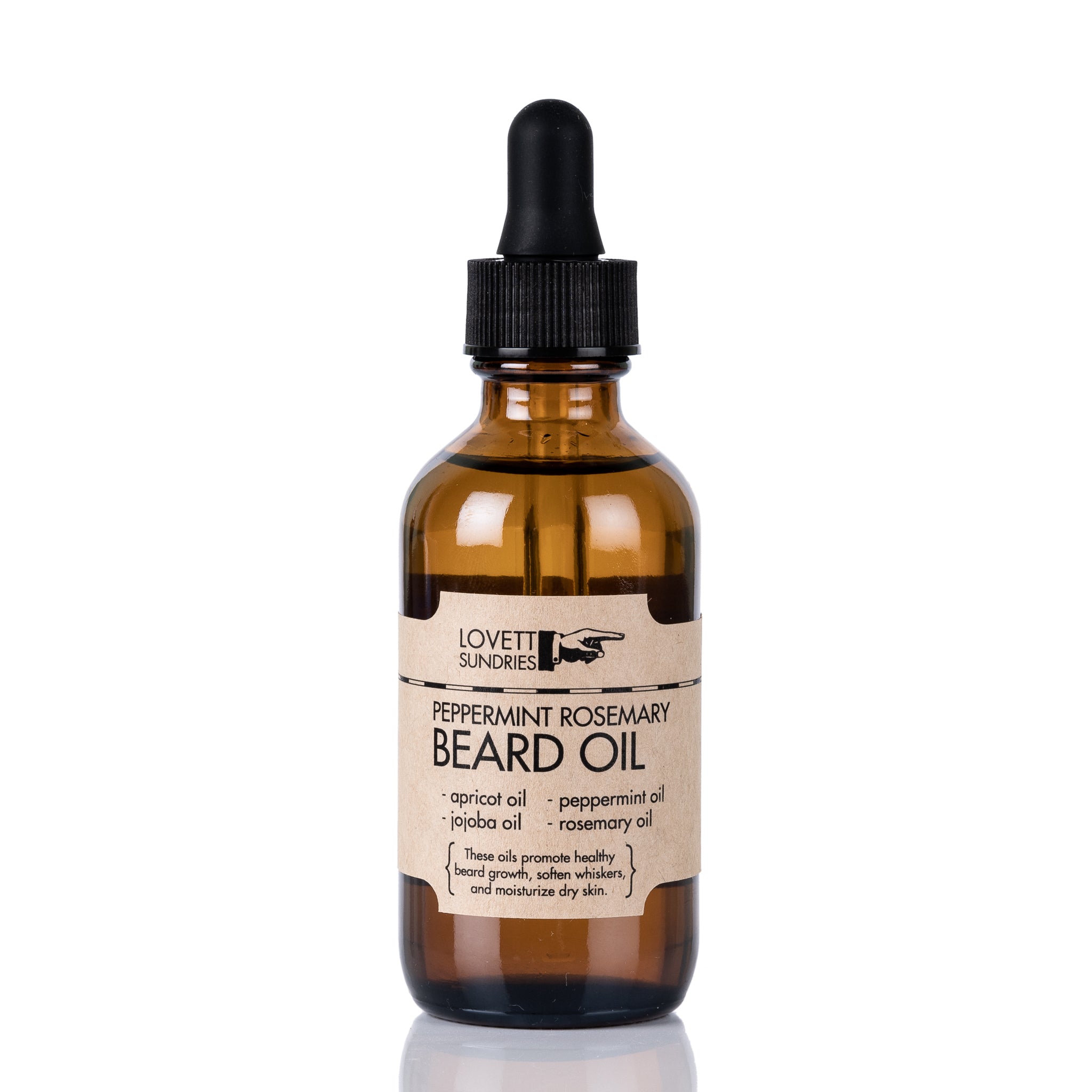 A bottle of peppermint rosemary scented natural beard oil.