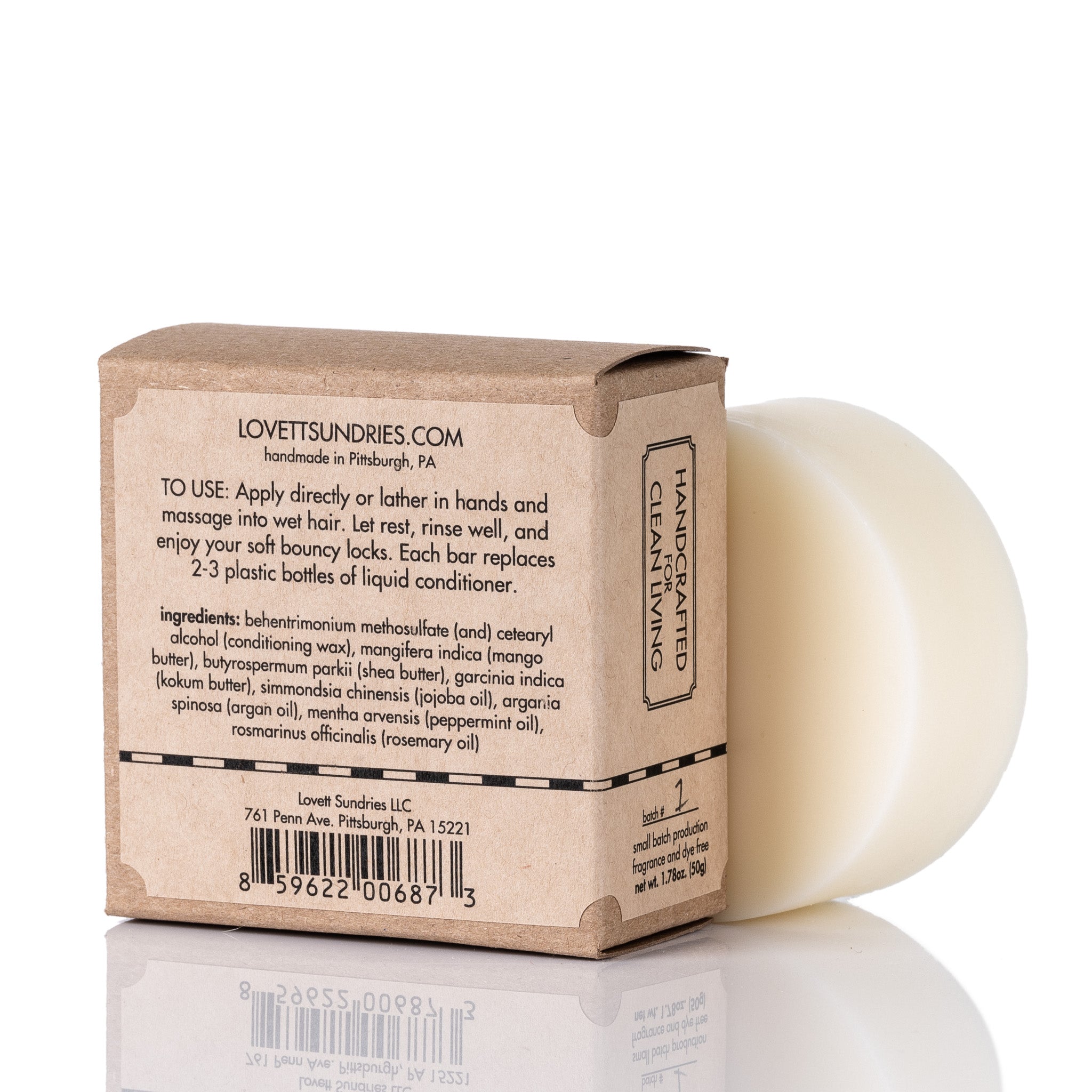 The ingredient list and instructions to use a conditioner bar.