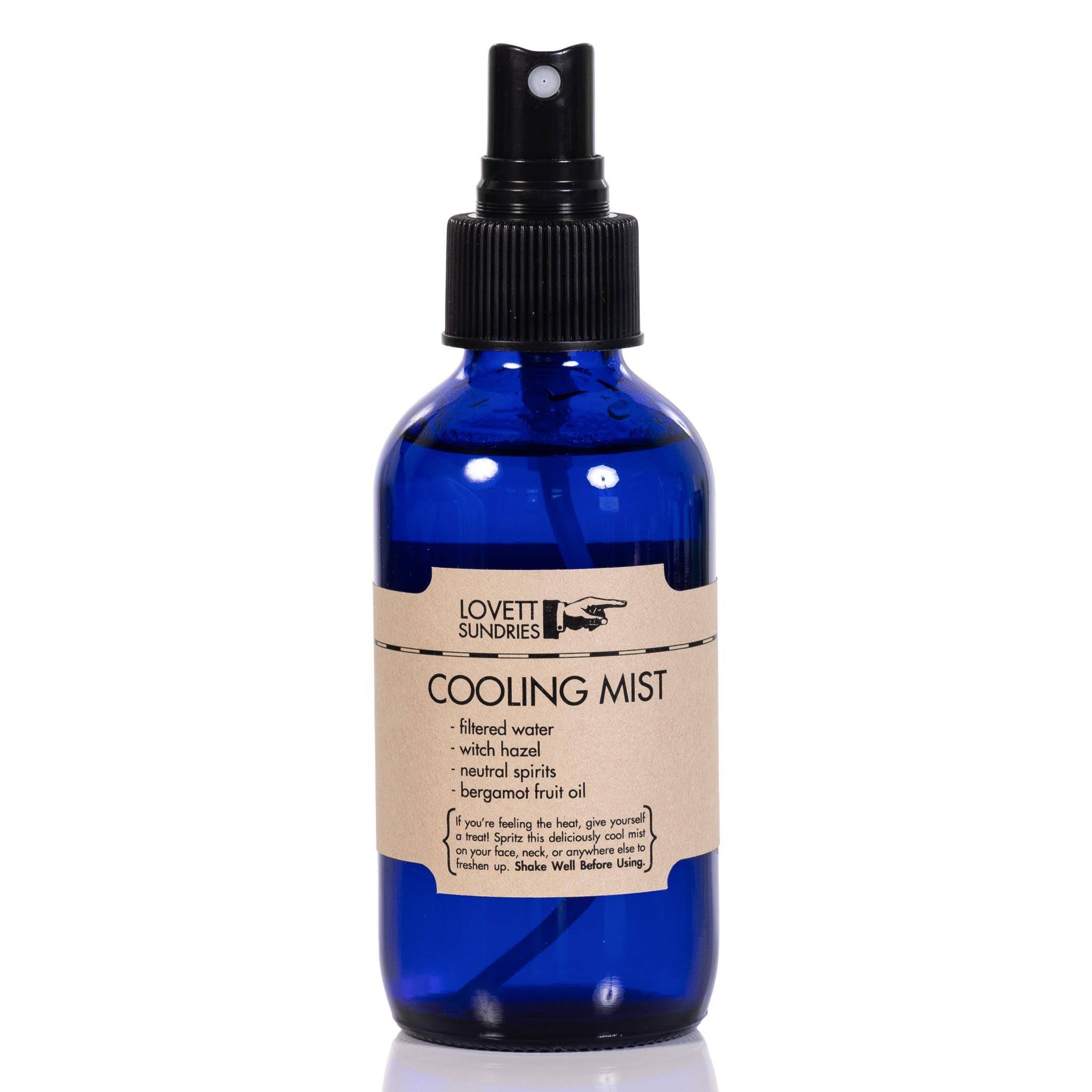 Blue spray bottle of Lovett Sundries cooling mist on a white backdrop