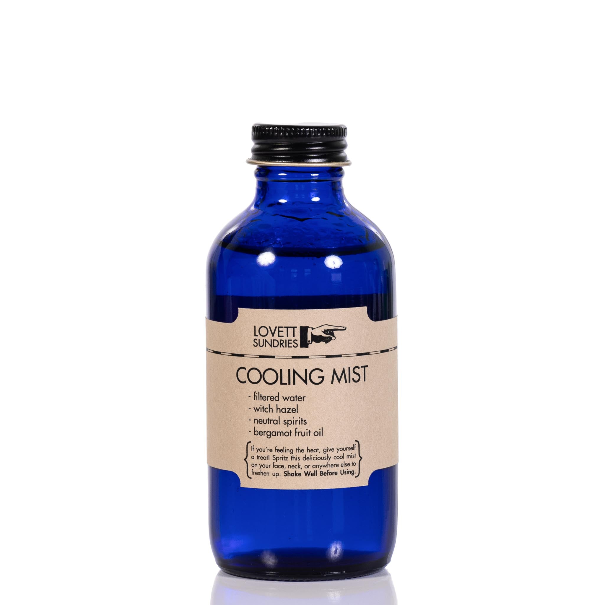 Refillable blue bottle of cooling mist spray bottle with label against a white background.