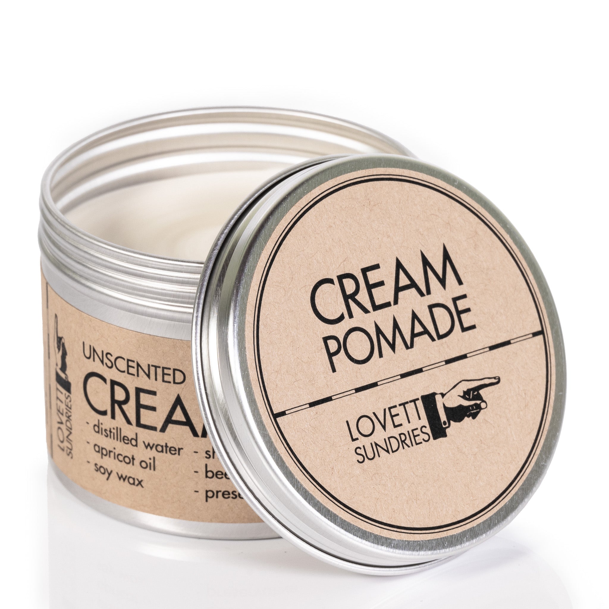 Open tin of unscented cream pomade.