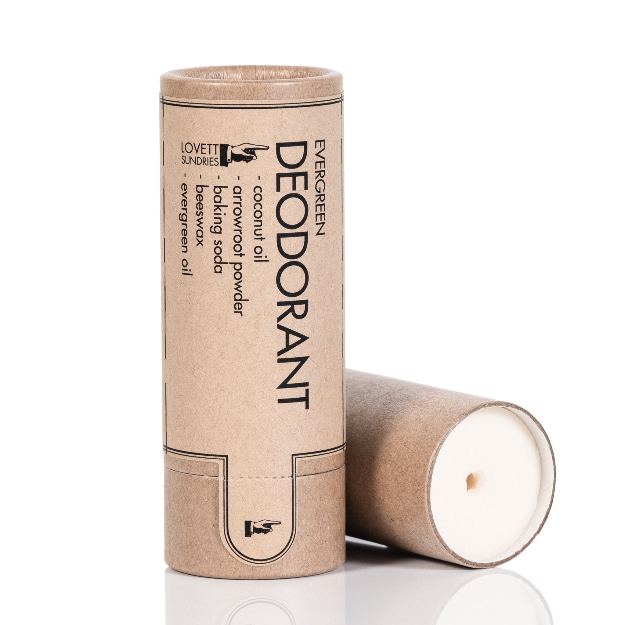 Evergreen scented aluminum-free deodorant in a recyclable contain.