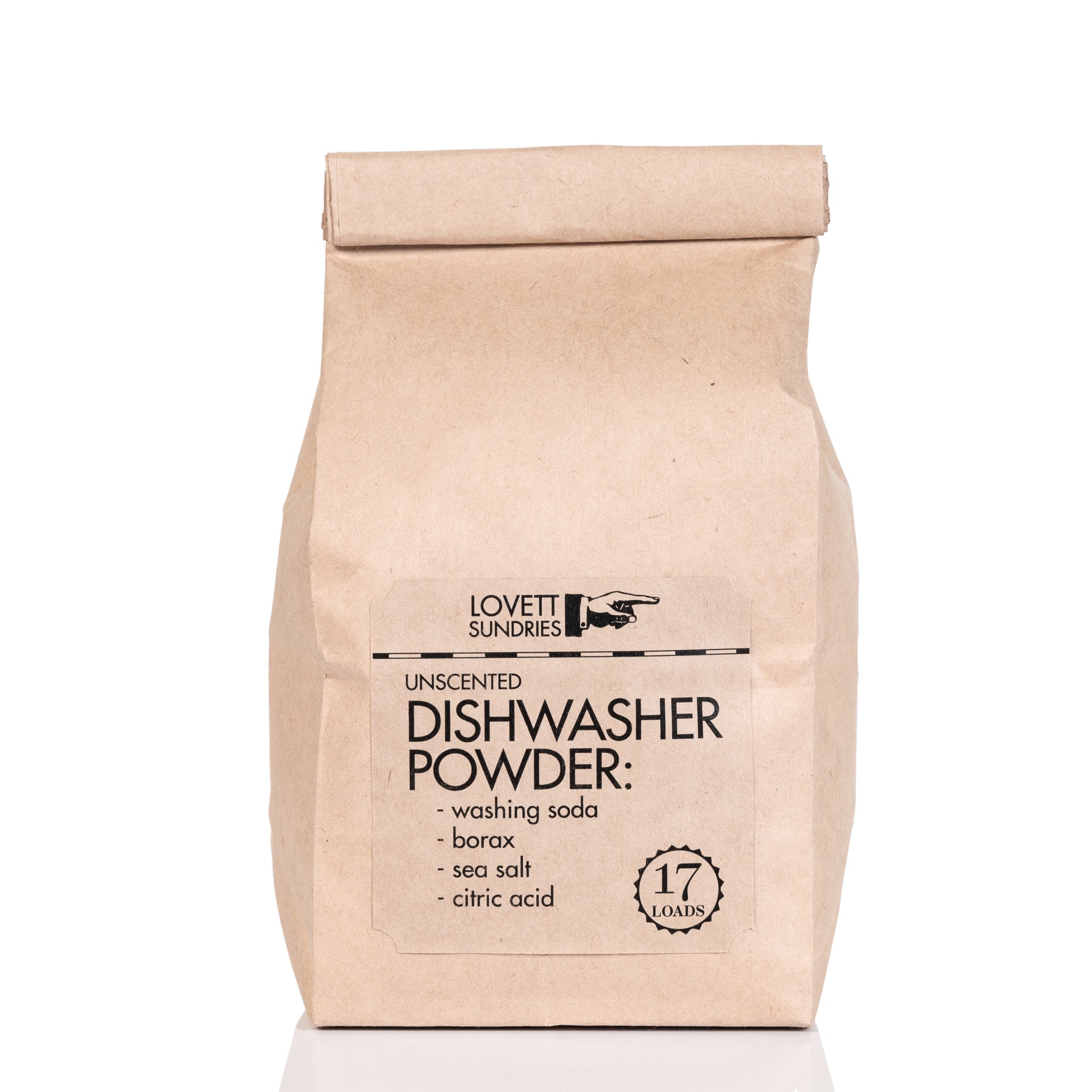 A brown bag of Lovett Sundries' unscented all-natural dishwasher detergent powder.