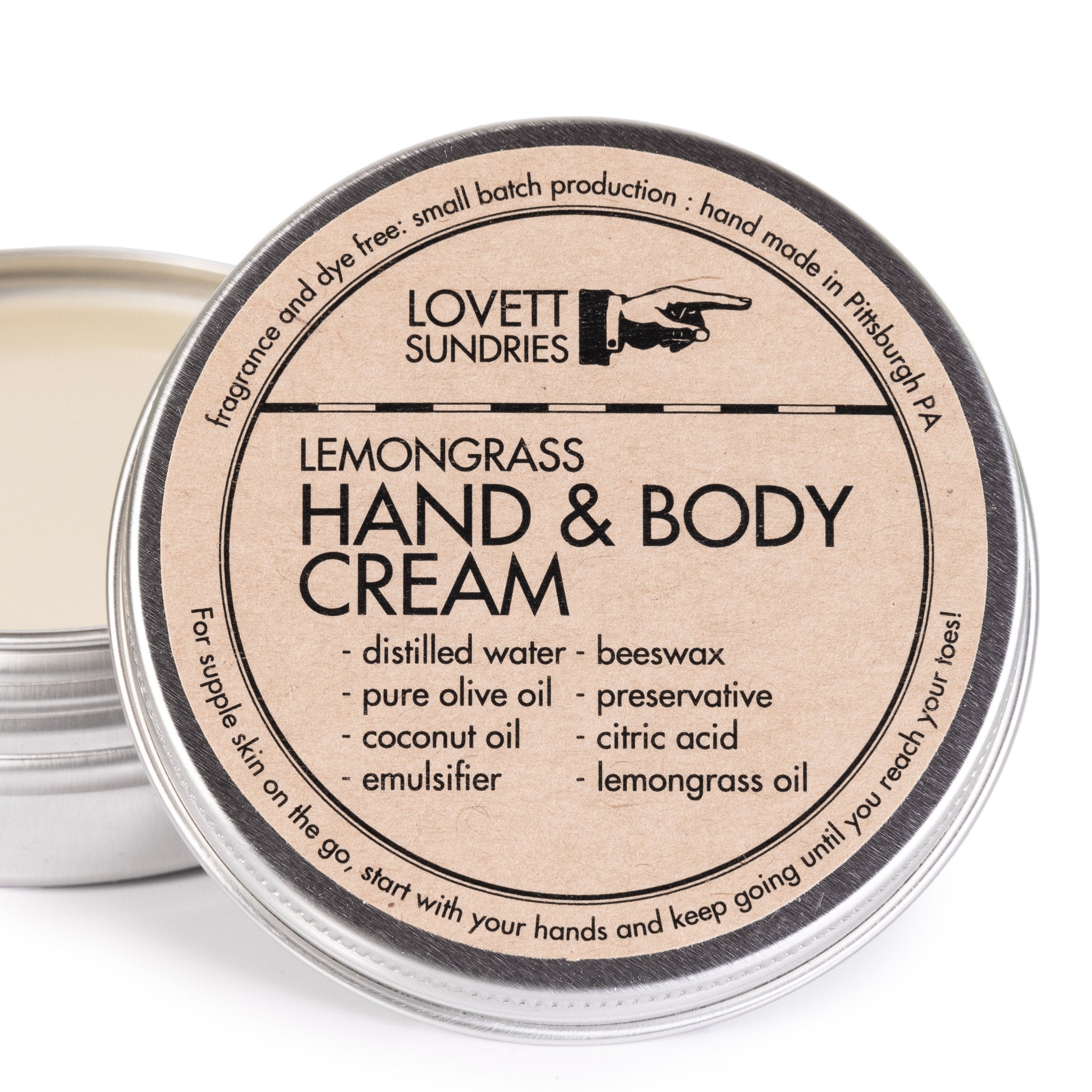 A tin of lemongrass Hand & Body Cream.