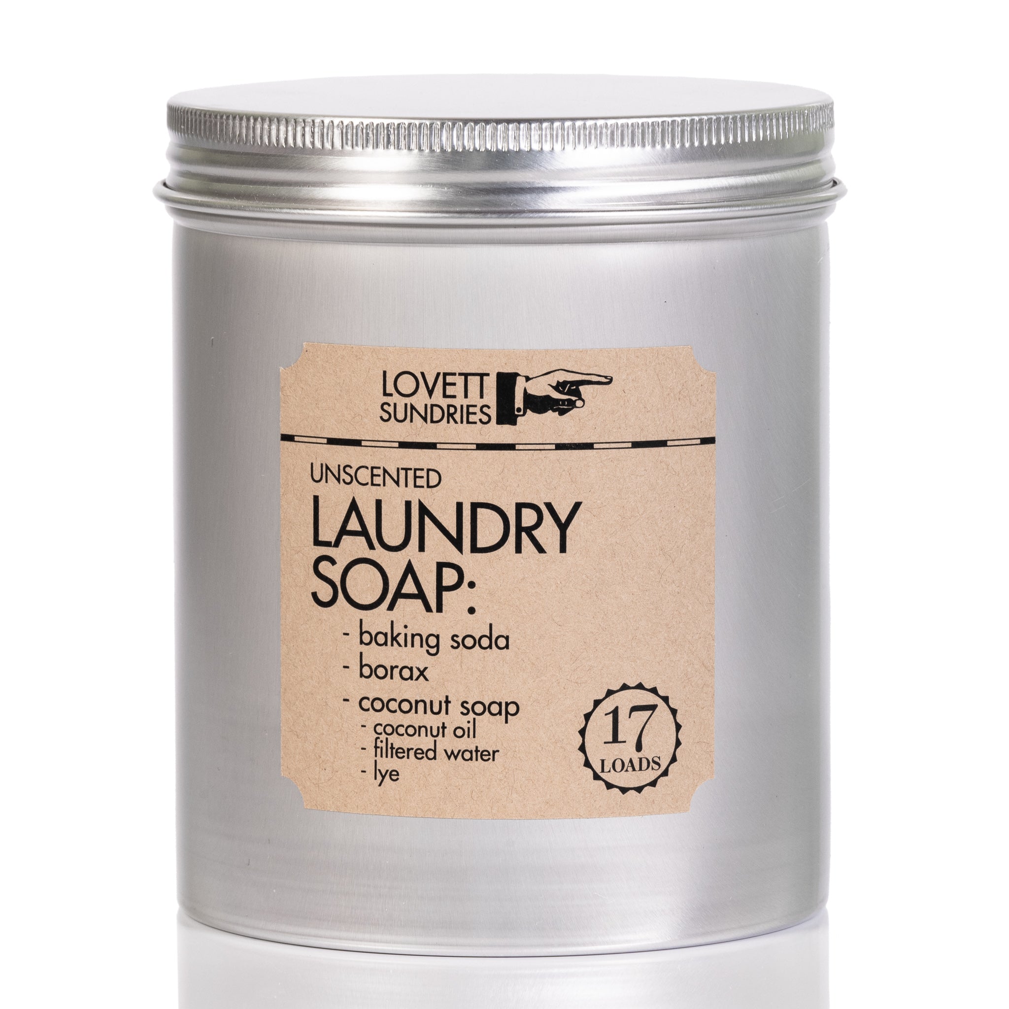 Unscented natural laundry soap in tin on white background.