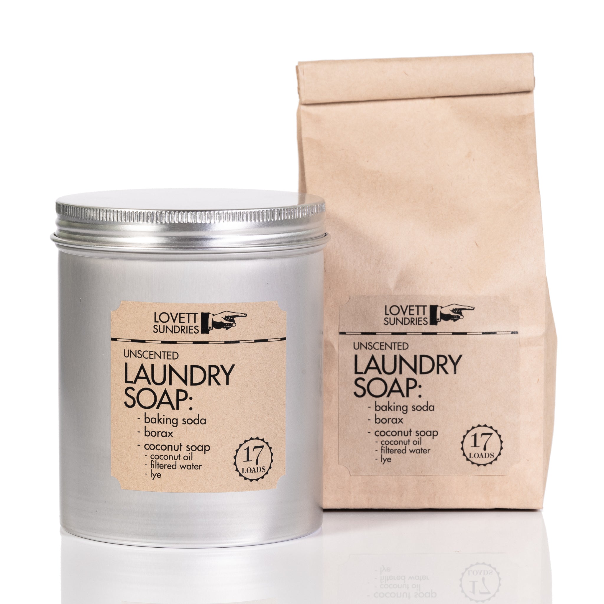unscented all natural laundry soap in a tin and in a brown bag.
